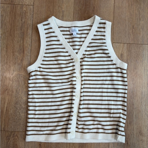 croft & barrow Jackets & Blazers - Croft & Barrow Striped Sweater Vest Women’s Medium Cream Brown Button Front Knit
